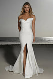 Off the Shoulder Satin Ivory Mermaid Floor Length Wedding Dress with Slit