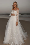 Ivory Off the Shoulder Lace Applique A Line Wedding Dress