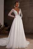 Deep V Neck Ivory A Line Wedding Dress with Lace Applique