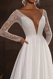 Deep V Neck Ivory A Line Wedding Dress with Lace Applique