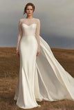 Ivory Satin Sheath Floor Length Watteau Train Wedding Dress