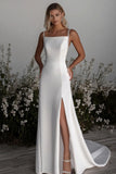 Simple Ivory Square Neck Sheath Satin Wedding Dress with Slit