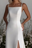 Simple Ivory Square Neck Sheath Satin Wedding Dress with Slit