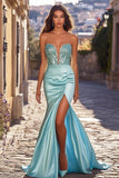 Sparkly Blue Corset Strapless Satin Sheath Long Prom Dress with Slit