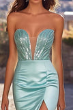 Sparkly Blue Corset Strapless Satin Sheath Long Prom Dress with Slit