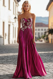 Metallic Fuchsia Sweetheart A Line Pleated Prom Dress with Embroidery