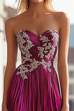 Metallic Fuchsia Sweetheart A Line Pleated Prom Dress with Embroidery