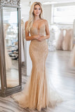 Sparkly Gold Strapless Mermaid Applique Floor Length Prom Dress