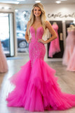 Mermaid Fuchsia Sparkly Corset Ruffled Long Prom Dress