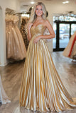 Gold Pleated Metallic Sweetheart A Line Long Prom Dress