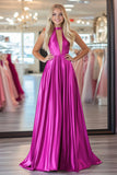 Fuchsia A Line Halter Keyhole Pleated Floor Length Prom Dress