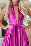 Fuchsia A Line Halter Keyhole Pleated Floor Length Prom Dress