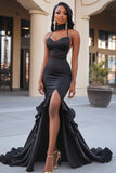 Black Spaghetti Straps Ruffled Mermaid Long Prom Dress with Slit