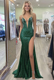 Sparkly Dark Green Deep V-Neck Sheath Sequins Prom Dress with Slit