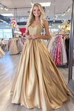 Sparkly Gold Ball Gown Corset Sweetheart Satin Prom Dress with Beading