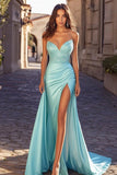 Gorgeous Blue Sheath Beaded Satin Long Prom Dress with Slit