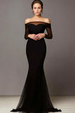 Elegant Black Mermaid Off the Shoulder Long Sleeves Prom Dress