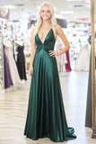 Dark Green V-Neck Satin Ruched A Line Long Prom Dress