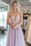 Light Purple Spaghetti Straps A Line Tulle Floor Length Prom Dress