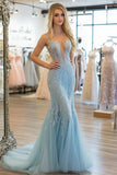 Sky Blue Lace Applique Corset Strapless Mermaid Long Prom Dress