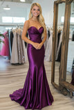 Plum Satin Sheath Sweetheart Ruched Long Prom Dress