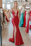 Red Sparkly Sequin Deep V-Neck Sheath Prom Dress with Slit