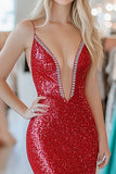 Red Sparkly Sequin Deep V-Neck Sheath Prom Dress with Slit