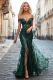 Sparkly Off the Shoulder Dark Green Sequins Mermaid Prom Dress with Slit