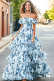 Blue White Floral Ball Gown Off the Shoulder Tiered Prom Dress with Ruffles