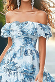 Blue White Floral Ball Gown Off the Shoulder Tiered Prom Dress with Ruffles