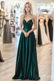 Dark Green Metallic Satin Pleated A Line Prom Dress