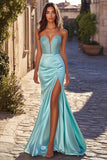 Blue Sweetheart Mermaid Satin Maxi Prom Dress with High Slit