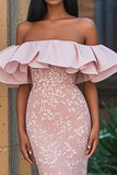 Elegant Blush Off the Shoulder Ruffles Mermaid Applique Prom Dress