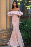 Elegant Blush Off the Shoulder Ruffles Mermaid Applique Prom Dress