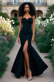 Mermaid Black Spaghetti Straps Sweetheart Prom Dress with Slit