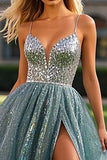 Sparkly Dusty Blue A Line Sequins Prom Dress with High Slit