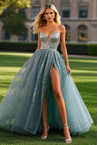 Sparkly Dusty Blue A Line Sequins Prom Dress with High Slit