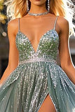 Sparkly Dusty Blue Spaghetti Straps V Neck Sequins A Line Prom Dress with Slit