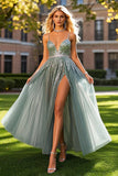 Sparkly Dusty Blue Spaghetti Straps V Neck Sequins A Line Prom Dress with Slit