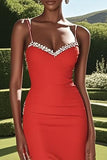 Red Sheath Spaghetti Straps Satin Sweetheart Prom Dress with Slit