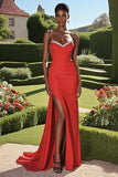 Red Sheath Spaghetti Straps Satin Sweetheart Prom Dress with Slit