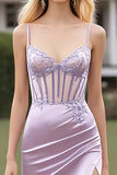 Lilac Spaghetti Straps Corset Sheath Applique Satin Prom Dress with Slit