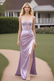 Lilac Spaghetti Straps Corset Sheath Applique Satin Prom Dress with Slit