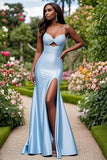 Sky Blue Sweetheart Mermaid Satin Keyhole Prom Dress with Slit