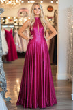 Glitter Fuchsia Halter Keyhole Pleated A Line Long Prom Dress