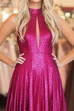 Glitter Fuchsia Halter Keyhole Pleated A Line Long Prom Dress