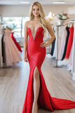 Glitter Red Strapless Sheath Maxi Prom Dress with Slit