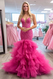 Fuchsia Sweetheart Mermaid Ruffles Applique Tulle Prom Dress