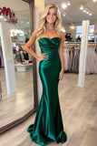 Sweetheart Dark Green Stretch Satin Ruched Sheath Prom Dress