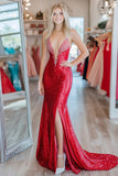 Sparkly Red Deep V Neck Sheath Sequins Prom Dress with Slit